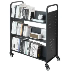 VEVOR Rolling Library Book Cart, 330 lbs Capacity, 38.2 x 20.3 x 48.2-Inch Library Cart, Double Sided W-Shaped Shelves with 3-Inch Lockable Wheels, Book Truck for Home Shelves Office and School, Black