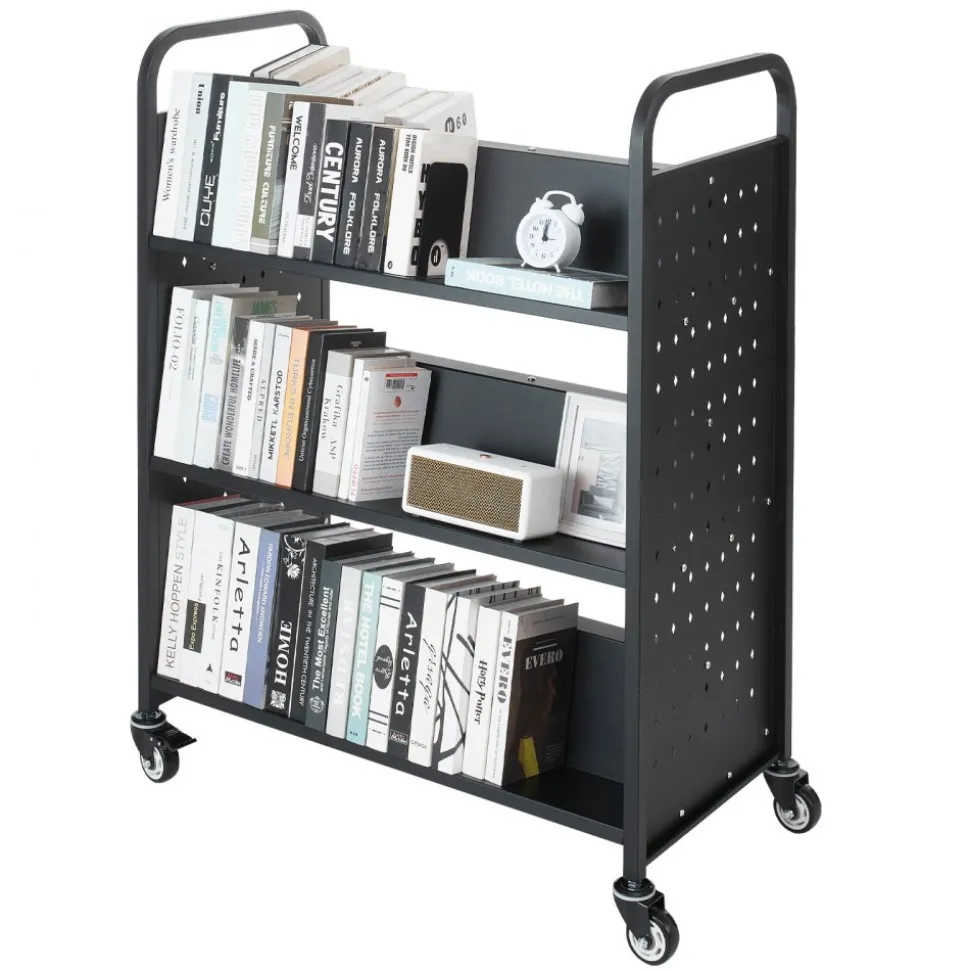VEVOR Rolling Library Book Cart, 330 lbs Capacity, 38.2 x 20.3 x 48.2-Inch Library Cart, Double Sided W-Shaped Shelves with 3-Inch Lockable Wheels, Book Truck for Home Shelves Office and School, Black
