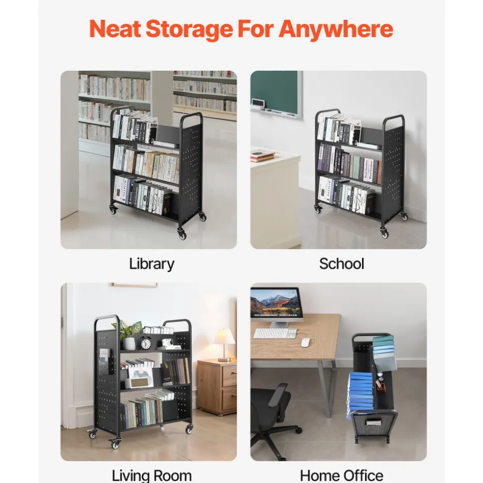 VEVOR Rolling Library Book Cart, 330 lbs Capacity, 38.2 x 20.3 x 48.2-Inch Library Cart, Double Sided W-Shaped Shelves with 3-Inch Lockable Wheels, Book Truck for Home Shelves Office and School, Black