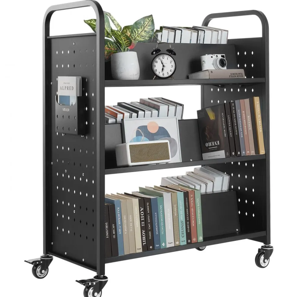 VEVOR Rolling Library Book Cart, 330 lbs Capacity, 38.2 x 20.3 x 48.2-Inch Library Cart, Double Sided W-Shaped Shelves with 3-Inch Lockable Wheels, Book Truck for Home Shelves Office and School, Black