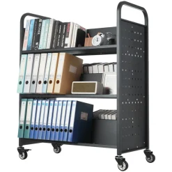 VEVOR Rolling Library Book Cart, 330 lbs Capacity, 38.2 x 20.3 x 48.2-Inch Library Cart, Double Sided W-Shaped Shelves with 3-Inch Lockable Wheels, Book Truck for Home Shelves Office and School, Black