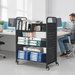 VEVOR Rolling Library Book Cart, 330 lbs Capacity, 38.2 x 20.3 x 48.2-Inch Library Cart, Double Sided W-Shaped Shelves with 3-Inch Lockable Wheels, Book Truck for Home Shelves Office and School, Black