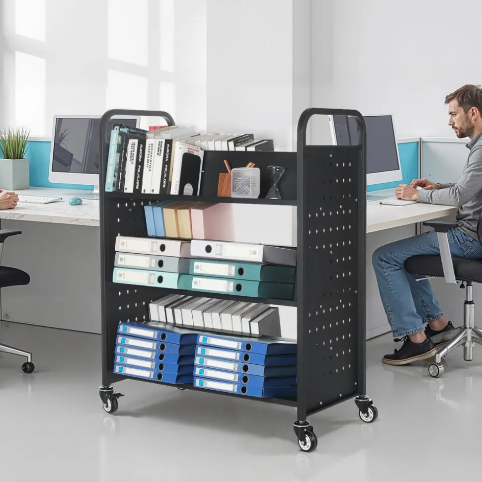 VEVOR Rolling Library Book Cart, 330 lbs Capacity, 38.2 x 20.3 x 48.2-Inch Library Cart, Double Sided W-Shaped Shelves with 3-Inch Lockable Wheels, Book Truck for Home Shelves Office and School, Black