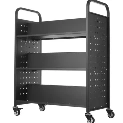 VEVOR Rolling Library Book Cart, 330 lbs Capacity, 38.2 x 20.3 x 48.2-Inch Library Cart, Double Sided W-Shaped Shelves with 3-Inch Lockable Wheels, Book Truck for Home Shelves Office and School, Black