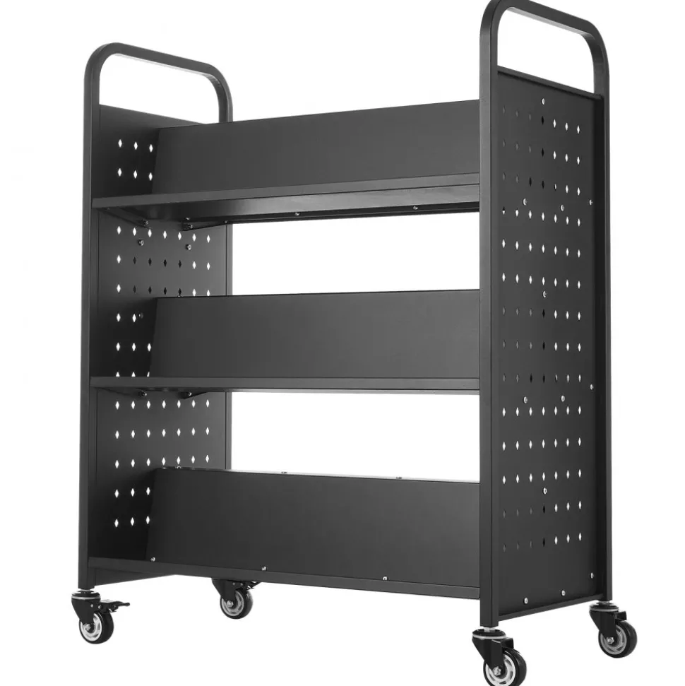 VEVOR Rolling Library Book Cart, 330 lbs Capacity, 38.2 x 20.3 x 48.2-Inch Library Cart, Double Sided W-Shaped Shelves with 3-Inch Lockable Wheels, Book Truck for Home Shelves Office and School, Black