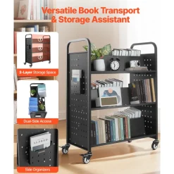 VEVOR Rolling Library Book Cart, 330 lbs Capacity, 38.2 x 20.3 x 48.2-Inch Library Cart, Double Sided W-Shaped Shelves with 3-Inch Lockable Wheels, Book Truck for Home Shelves Office and School, Black