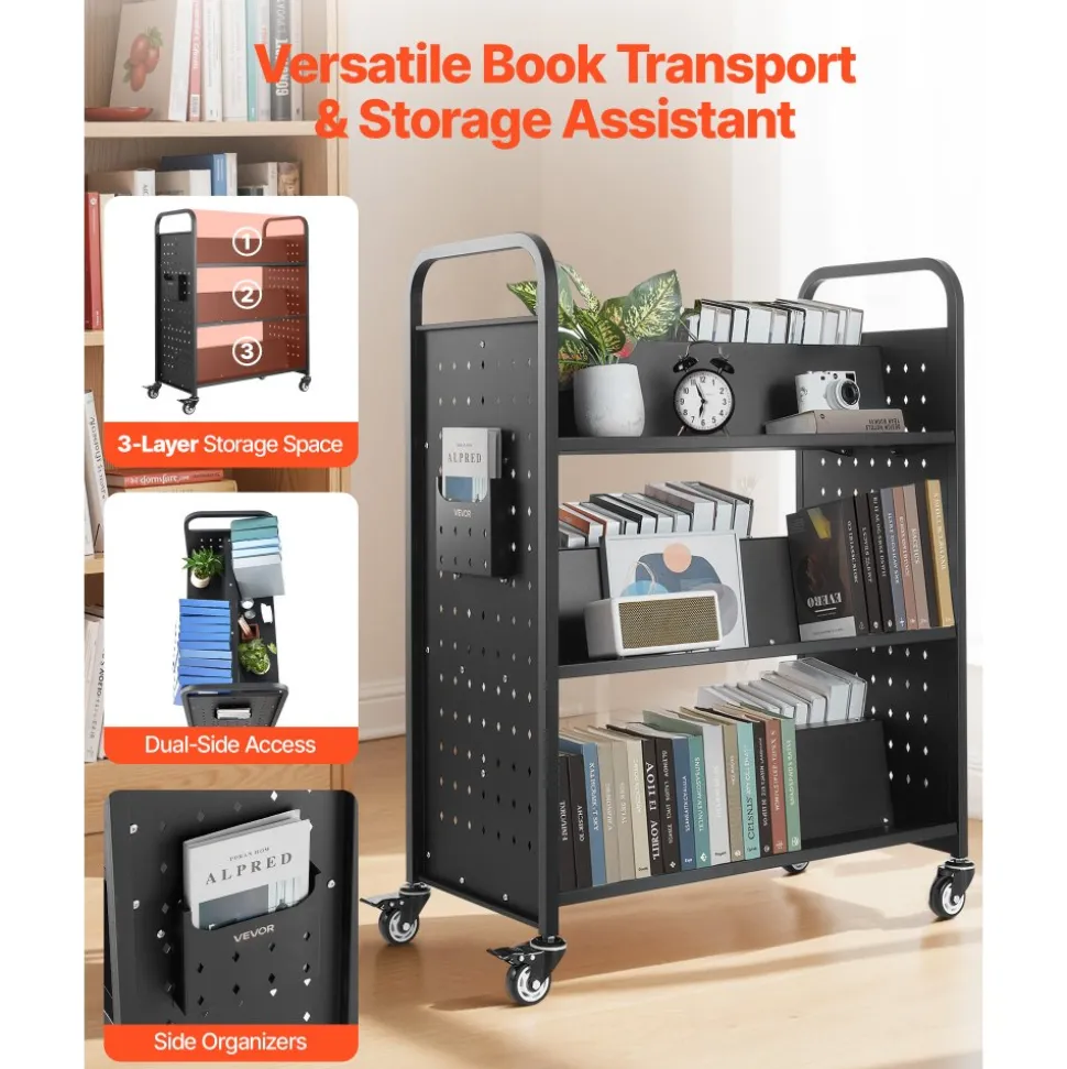 VEVOR Rolling Library Book Cart, 330 lbs Capacity, 38.2 x 20.3 x 48.2-Inch Library Cart, Double Sided W-Shaped Shelves with 3-Inch Lockable Wheels, Book Truck for Home Shelves Office and School, Black
