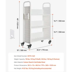 VEVOR Rolling Library Book Cart, 330 lbs Capacity, 30.3 x 15 x 48.0-Inch Library Cart, Single Sided L-Shaped Shelves with 3-Inch Lockable Wheels, Book Truck for Home Shelves Office and School, White