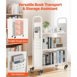 VEVOR Rolling Library Book Cart, 330 lbs Capacity, 30.3 x 15 x 48.0-Inch Library Cart, Single Sided L-Shaped Shelves with 3-Inch Lockable Wheels, Book Truck for Home Shelves Office and School, White