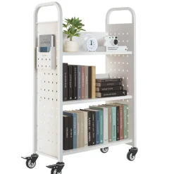 VEVOR Rolling Library Book Cart, 330 lbs Capacity, 30.3 x 15 x 48.0-Inch Library Cart, Single Sided L-Shaped Shelves with 3-Inch Lockable Wheels, Book Truck for Home Shelves Office and School, White