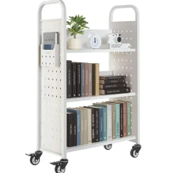 VEVOR Rolling Library Book Cart, 330 lbs Capacity, 30.3 x 15 x 48.0-Inch Library Cart, Single Sided L-Shaped Shelves with 3-Inch Lockable Wheels, Book Truck for Home Shelves Office and School, White