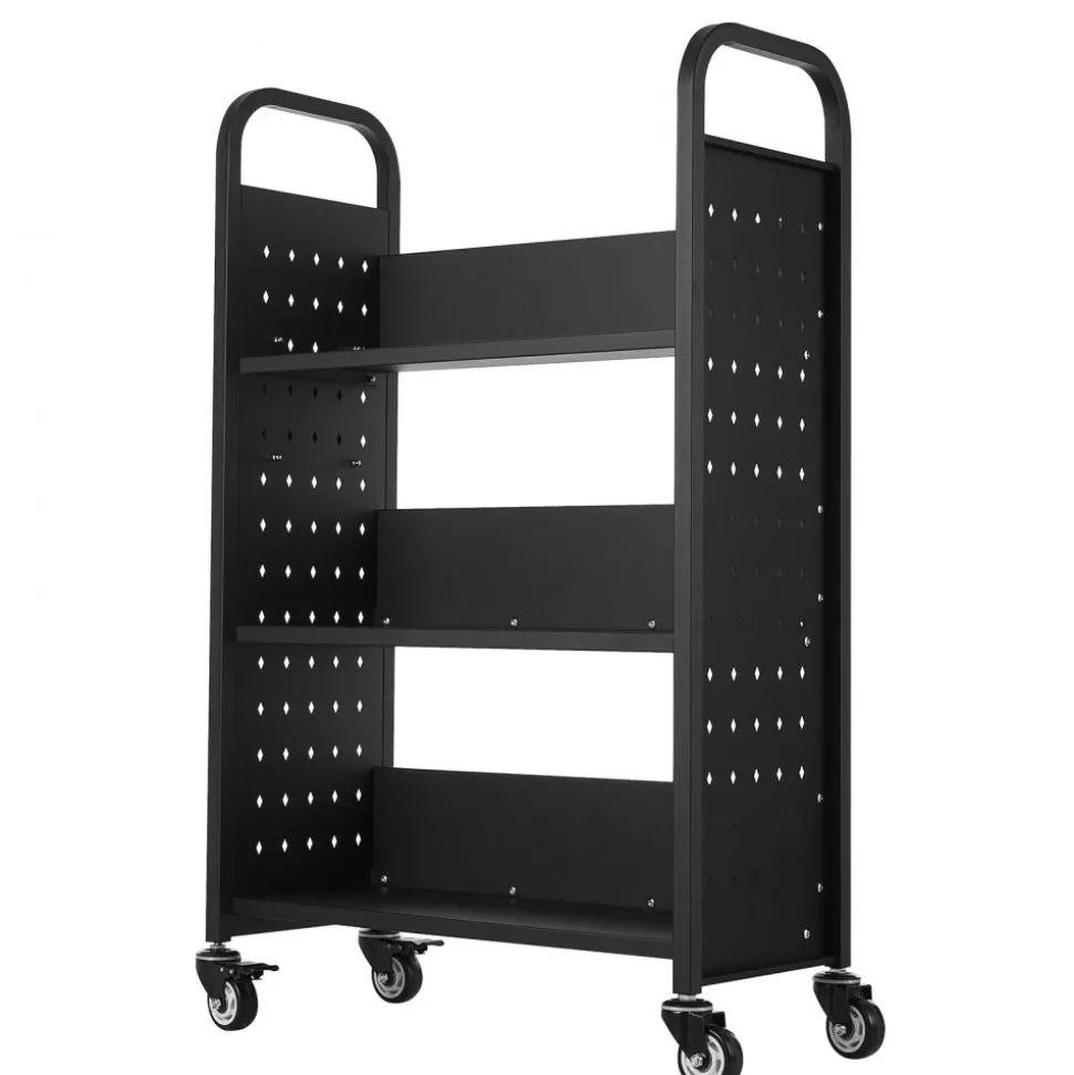 VEVOR Rolling Library Book Cart, 330 lbs Capacity, 30.3 x 15 x 48.0-Inch Library Cart, Single Sided L-Shaped Shelves with 3-Inch Lockable Wheels, Book Truck for Home Shelves Office and School, Black