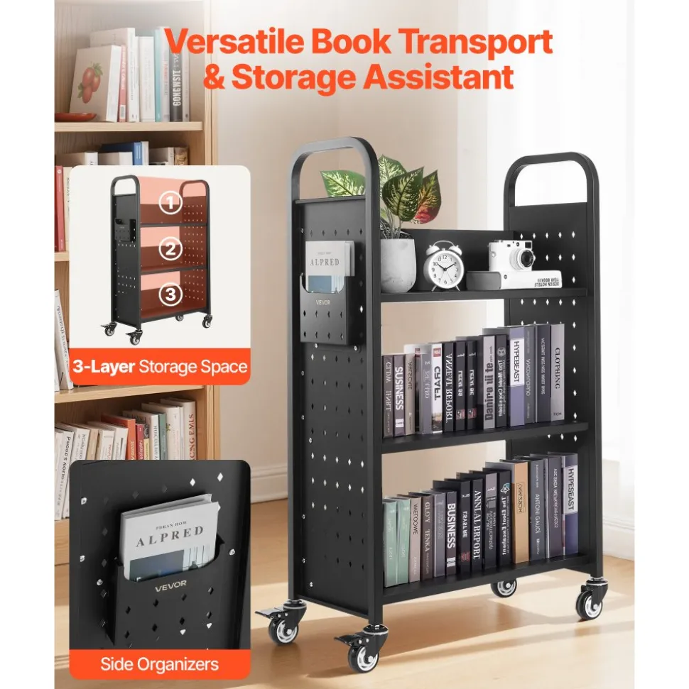 VEVOR Rolling Library Book Cart, 330 lbs Capacity, 30.3 x 15 x 48.0-Inch Library Cart, Single Sided L-Shaped Shelves with 3-Inch Lockable Wheels, Book Truck for Home Shelves Office and School, Black