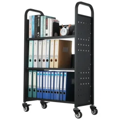 VEVOR Rolling Library Book Cart, 330 lbs Capacity, 30.3 x 15 x 48.0-Inch Library Cart, Single Sided L-Shaped Shelves with 3-Inch Lockable Wheels, Book Truck for Home Shelves Office and School, Black