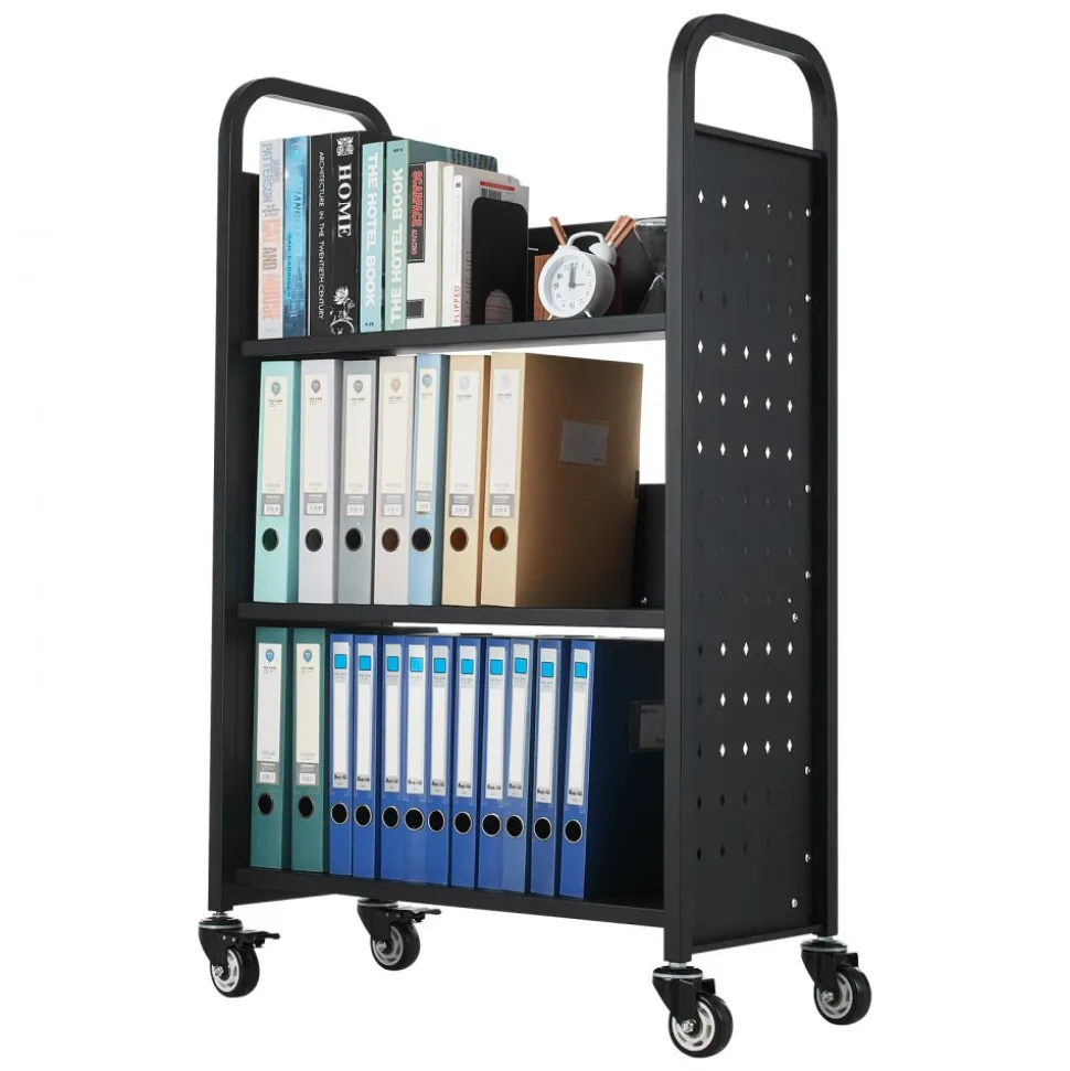VEVOR Rolling Library Book Cart, 330 lbs Capacity, 30.3 x 15 x 48.0-Inch Library Cart, Single Sided L-Shaped Shelves with 3-Inch Lockable Wheels, Book Truck for Home Shelves Office and School, Black