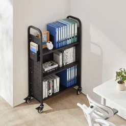 VEVOR Rolling Library Book Cart, 330 lbs Capacity, 30.3 x 15 x 48.0-Inch Library Cart, Single Sided L-Shaped Shelves with 3-Inch Lockable Wheels, Book Truck for Home Shelves Office and School, Black
