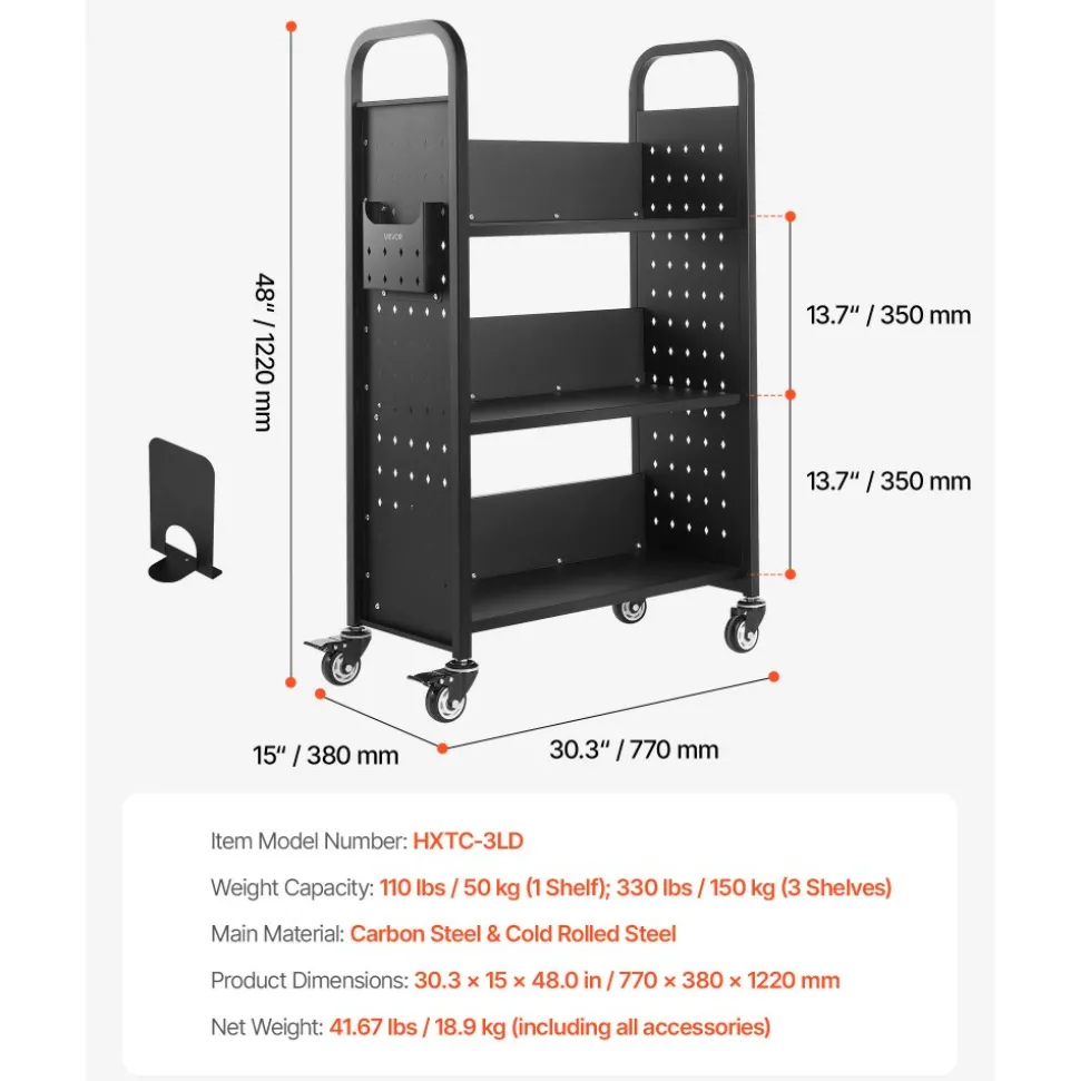 VEVOR Rolling Library Book Cart, 330 lbs Capacity, 30.3 x 15 x 48.0-Inch Library Cart, Single Sided L-Shaped Shelves with 3-Inch Lockable Wheels, Book Truck for Home Shelves Office and School, Black