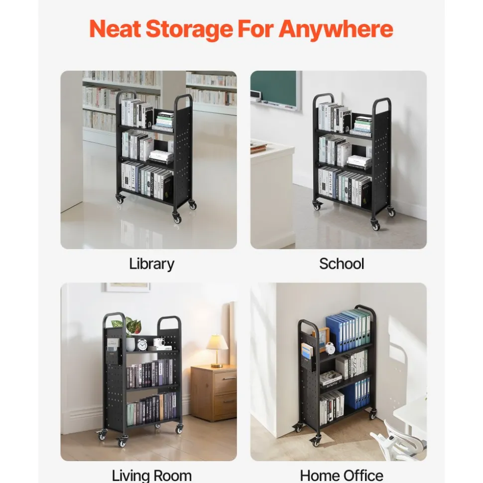 VEVOR Rolling Library Book Cart, 330 lbs Capacity, 30.3 x 15 x 48.0-Inch Library Cart, Single Sided L-Shaped Shelves with 3-Inch Lockable Wheels, Book Truck for Home Shelves Office and School, Black