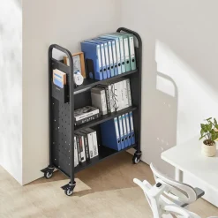 VEVOR Rolling Library Book Cart, 330 lbs Capacity, 30.3 x 15 x 48.0-Inch Library Cart, Single Sided V-Shaped Shelves with 3-Inch Lockable Wheels, Book Truck for Home Shelves Office and School, Black