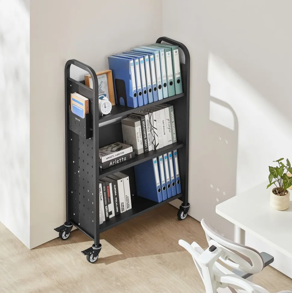 VEVOR Rolling Library Book Cart, 330 lbs Capacity, 30.3 x 15 x 48.0-Inch Library Cart, Single Sided V-Shaped Shelves with 3-Inch Lockable Wheels, Book Truck for Home Shelves Office and School, Black