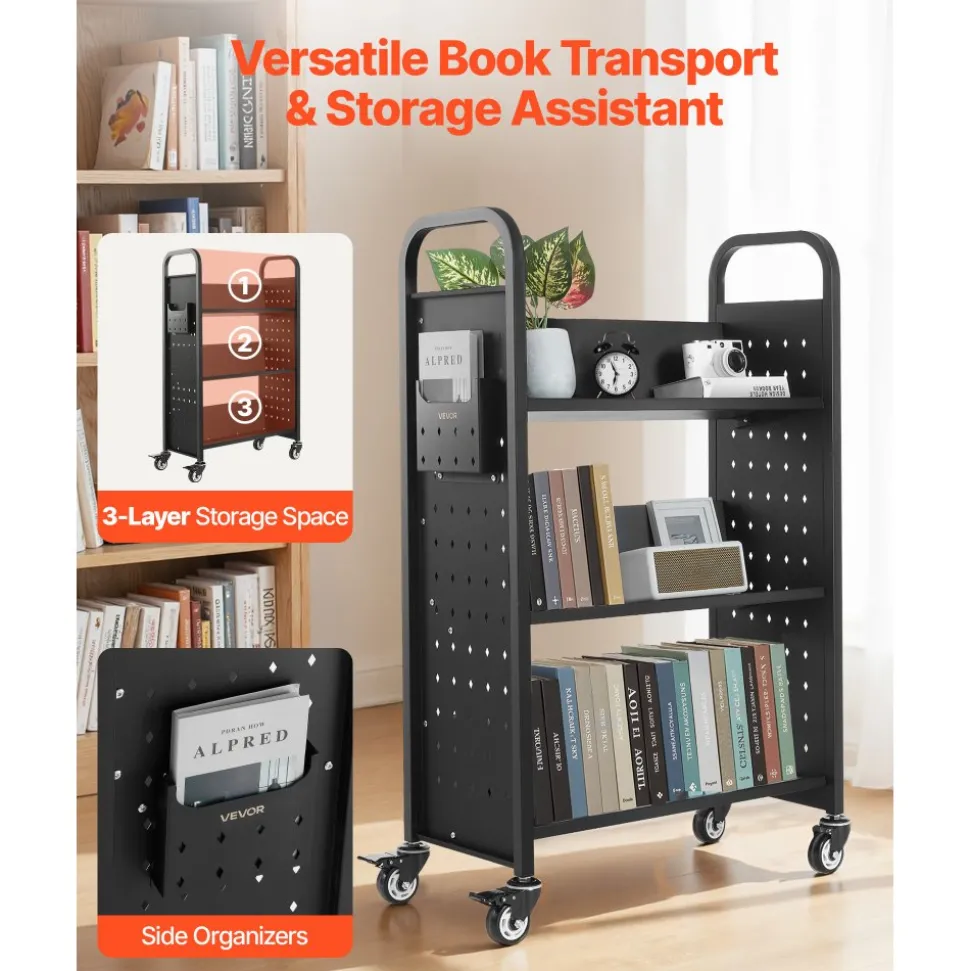 VEVOR Rolling Library Book Cart, 330 lbs Capacity, 30.3 x 15 x 48.0-Inch Library Cart, Single Sided V-Shaped Shelves with 3-Inch Lockable Wheels, Book Truck for Home Shelves Office and School, Black