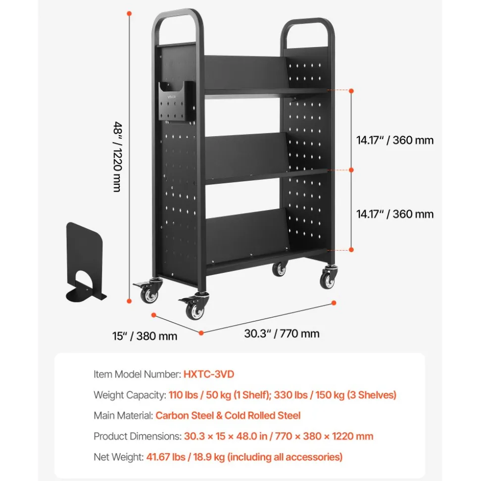 VEVOR Rolling Library Book Cart, 330 lbs Capacity, 30.3 x 15 x 48.0-Inch Library Cart, Single Sided V-Shaped Shelves with 3-Inch Lockable Wheels, Book Truck for Home Shelves Office and School, Black