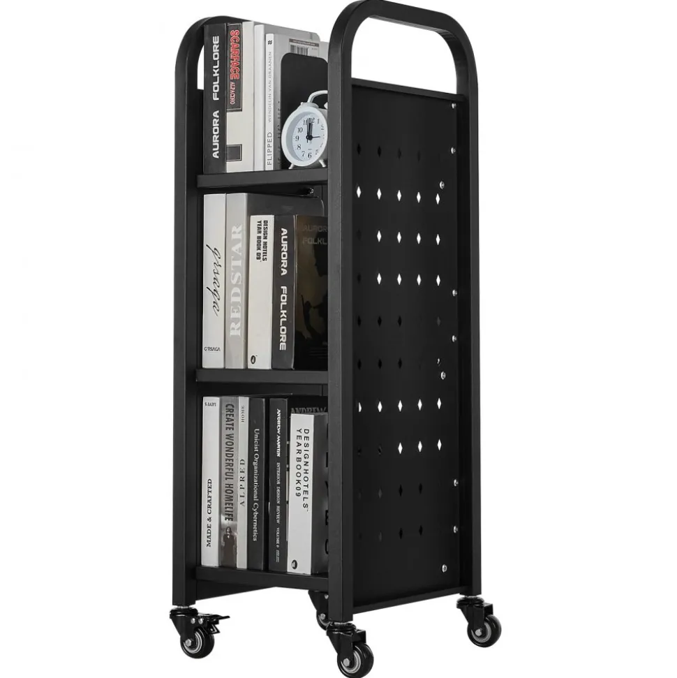 VEVOR Rolling Library Book Cart, 220 lbs Capacity, 12.6 x 13.8 x 36.8-Inch Library Cart, Single Sided L-Shaped Shelves with 2-Inch Lockable Wheels, Book Truck for Home Shelves Office and School, Black