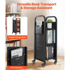VEVOR Rolling Library Book Cart, 220 lbs Capacity, 12.6 x 13.8 x 36.8-Inch Library Cart, Single Sided L-Shaped Shelves with 2-Inch Lockable Wheels, Book Truck for Home Shelves Office and School, Black