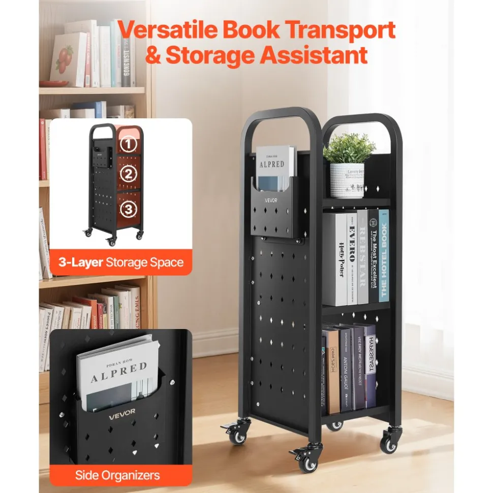 VEVOR Rolling Library Book Cart, 220 lbs Capacity, 12.6 x 13.8 x 36.8-Inch Library Cart, Single Sided L-Shaped Shelves with 2-Inch Lockable Wheels, Book Truck for Home Shelves Office and School, Black