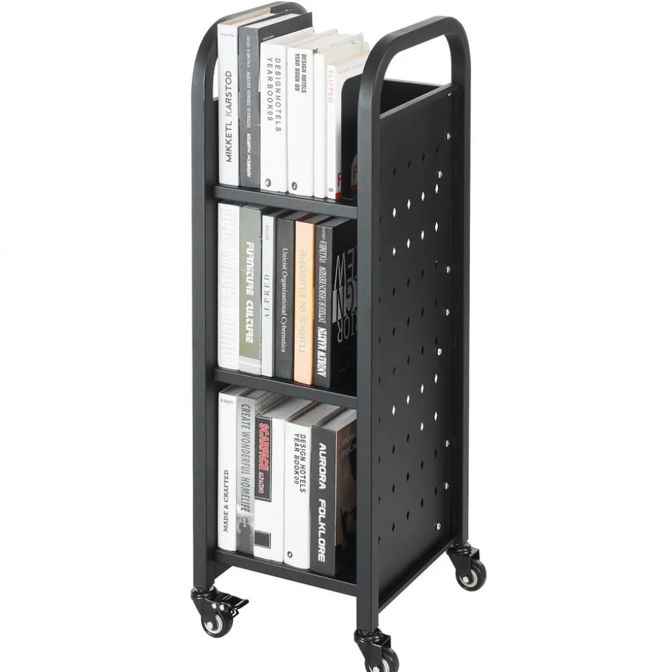 VEVOR Rolling Library Book Cart, 220 lbs Capacity, 12.6 x 13.8 x 36.8-Inch Library Cart, Single Sided L-Shaped Shelves with 2-Inch Lockable Wheels, Book Truck for Home Shelves Office and School, Black