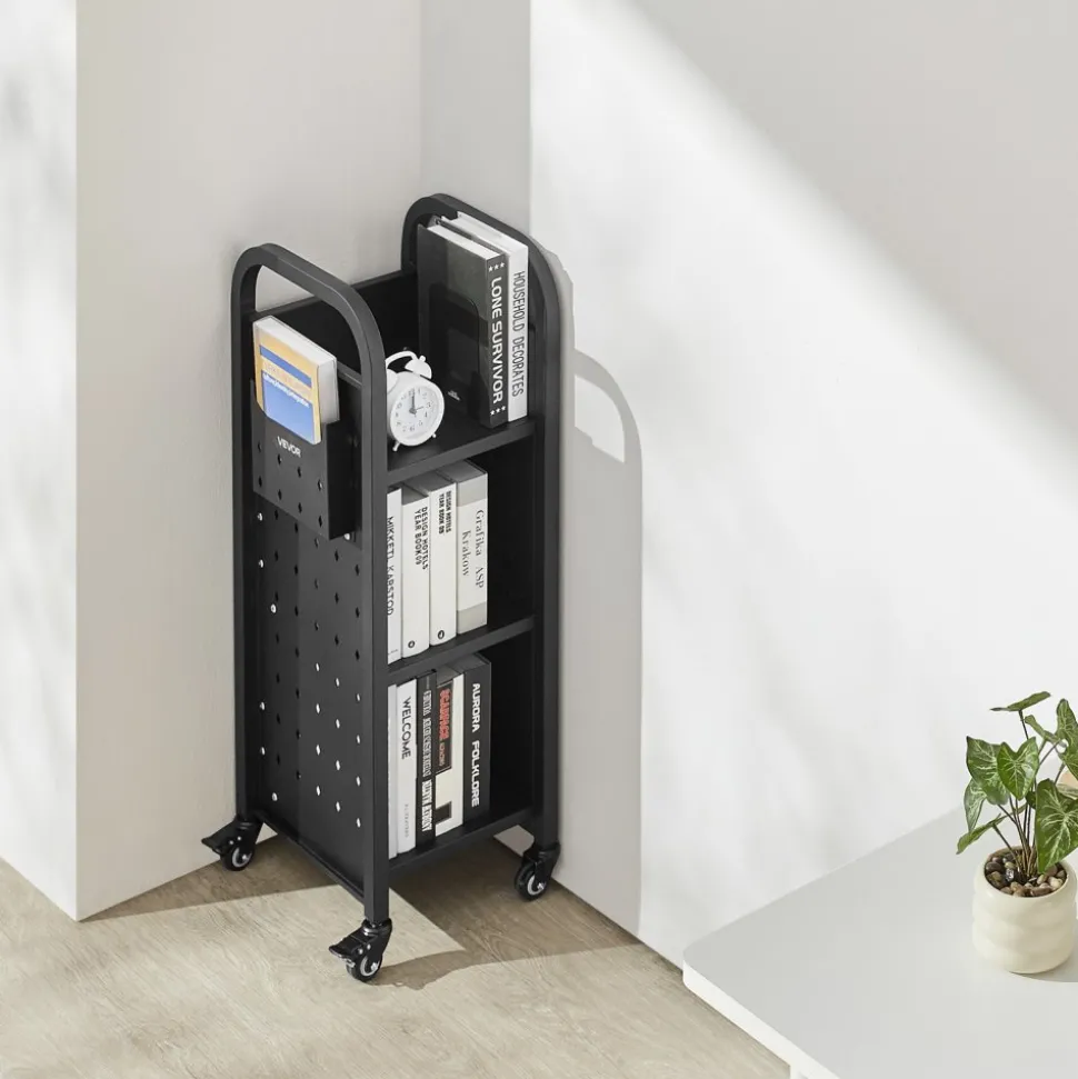 VEVOR Rolling Library Book Cart, 220 lbs Capacity, 12.6 x 13.8 x 36.8-Inch Library Cart, Single Sided L-Shaped Shelves with 2-Inch Lockable Wheels, Book Truck for Home Shelves Office and School, Black