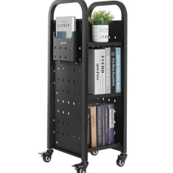 VEVOR Rolling Library Book Cart, 220 lbs Capacity, 12.6 x 13.8 x 36.8-Inch Library Cart, Single Sided L-Shaped Shelves with 2-Inch Lockable Wheels, Book Truck for Home Shelves Office and School, Black