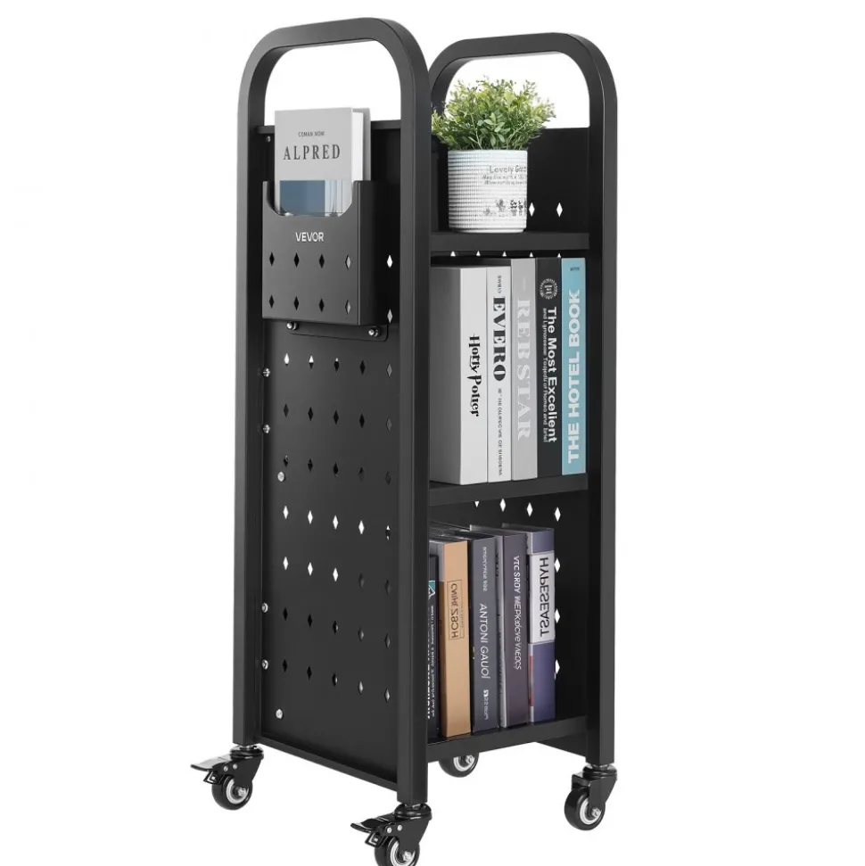 VEVOR Rolling Library Book Cart, 220 lbs Capacity, 12.6 x 13.8 x 36.8-Inch Library Cart, Single Sided L-Shaped Shelves with 2-Inch Lockable Wheels, Book Truck for Home Shelves Office and School, Black