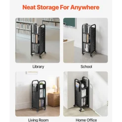 VEVOR Rolling Library Book Cart, 220 lbs Capacity, 12.6 x 13.8 x 36.8-Inch Library Cart, Single Sided L-Shaped Shelves with 2-Inch Lockable Wheels, Book Truck for Home Shelves Office and School, Black