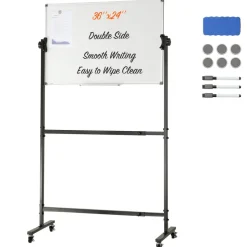 VEVOR Rolling Magnetic Whiteboard, Double-sided Mobile Whiteboard 36x24 Inches, Adjustable Height Dry Erase Board with Wheels, 1 Magnetic Erase & 3 Dry Erase Markers & Movable Tray Office, School