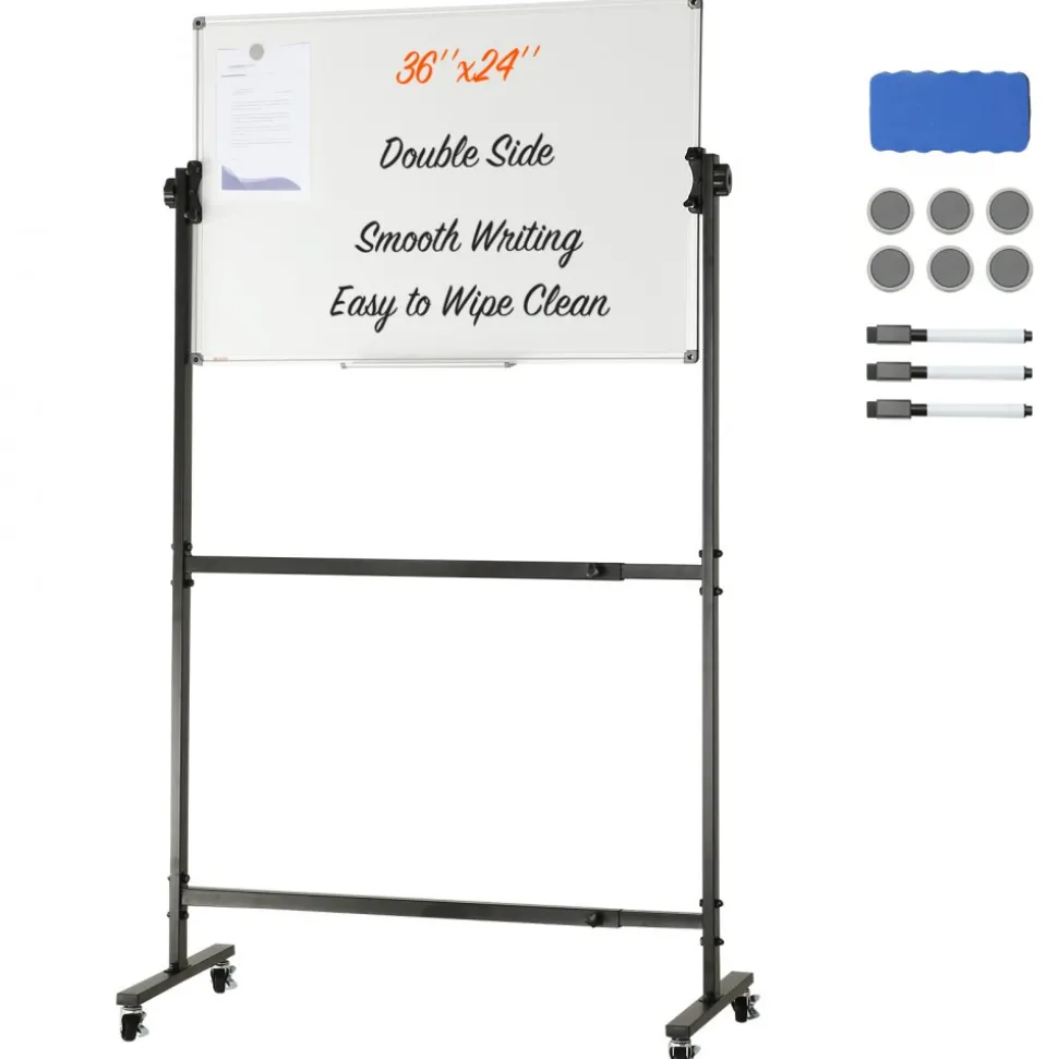 VEVOR Rolling Magnetic Whiteboard, Double-sided Mobile Whiteboard 48x36 Inches, Adjustable Height Dry Erase Board with Wheels, 1 Magnetic Erase & 3 Dry Erase Markers & Movable Tray for Office School