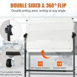 VEVOR Rolling Magnetic Whiteboard, Double-sided Mobile Whiteboard 48x36 Inches, Adjustable Height Dry Erase Board with Wheels, 1 Magnetic Erase & 3 Dry Erase Markers & Movable Tray for Office School