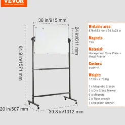 VEVOR Rolling Magnetic Whiteboard, Double-sided Mobile Whiteboard 48x36 Inches, Adjustable Height Dry Erase Board with Wheels, 1 Magnetic Erase & 3 Dry Erase Markers & Movable Tray for Office School