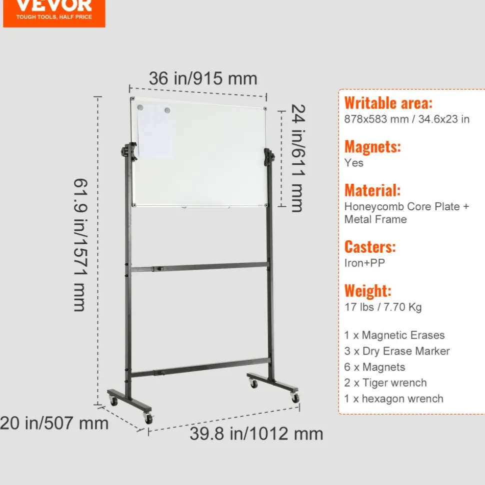 VEVOR Rolling Magnetic Whiteboard, Double-sided Mobile Whiteboard 48x36 Inches, Adjustable Height Dry Erase Board with Wheels, 1 Magnetic Erase & 3 Dry Erase Markers & Movable Tray for Office School