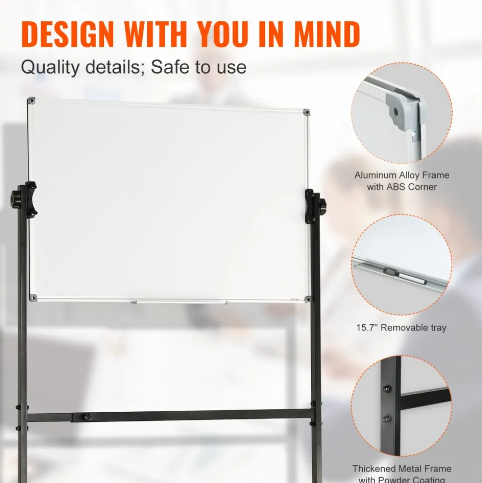 VEVOR Rolling Magnetic Whiteboard, Double-sided Mobile Whiteboard 48x36 Inches, Adjustable Height Dry Erase Board with Wheels, 1 Magnetic Erase & 3 Dry Erase Markers & Movable Tray for Office School