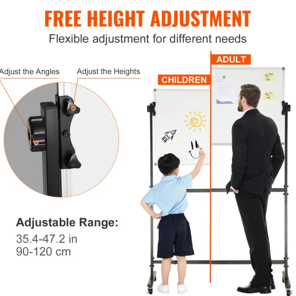 VEVOR Rolling Magnetic Whiteboard, Double-sided Mobile Whiteboard 48x36 Inches, Adjustable Height Dry Erase Board with Wheels, 1 Magnetic Erase & 3 Dry Erase Markers & Movable Tray for Office School