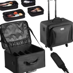 VEVOR Rolling Makeup Train Case Large Storage 3 Tiers, Convenient Carry With Handle, Wheels, Strap, Professional Makeup Storage Organizer Box Make Up Carrier Waterproof Oxford, Black
