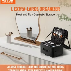 VEVOR Rolling Makeup Train Case Large Storage 3 Tiers, Convenient Carry With Handle, Wheels, Strap, Professional Makeup Storage Organizer Box Make Up Carrier Waterproof Oxford, Black