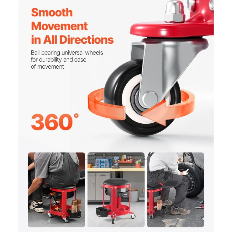 VEVOR Rolling Mechanic Stool with Wheels, 300 lbs Capacity Garage Seat/Work Stool, Padded Roller Creeper Seat with Fixed Height, Tool Tray and 2 Drawers, for Garage, Shop & Auto Repair, Red+Black