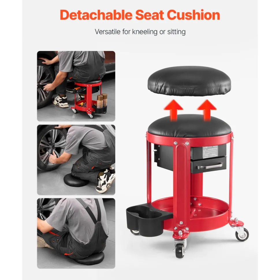 VEVOR Rolling Mechanic Stool with Wheels, 300 lbs Capacity Garage Seat/Work Stool, Padded Roller Creeper Seat with Fixed Height, Tool Tray and 2 Drawers, for Garage, Shop & Auto Repair, Red+Black