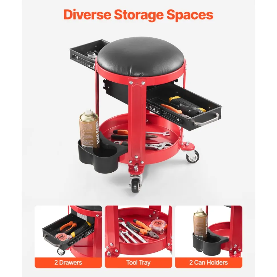 VEVOR Rolling Mechanic Stool with Wheels, 300 lbs Capacity Garage Seat/Work Stool, Padded Roller Creeper Seat with Fixed Height, Tool Tray and 2 Drawers, for Garage, Shop & Auto Repair, Red+Black