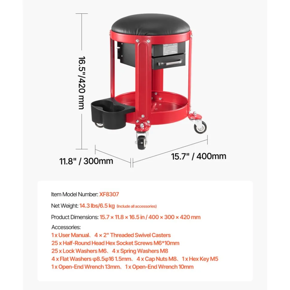 VEVOR Rolling Mechanic Stool with Wheels, 300 lbs Capacity Garage Seat/Work Stool, Padded Roller Creeper Seat with Fixed Height, Tool Tray and 2 Drawers, for Garage, Shop & Auto Repair, Red+Black