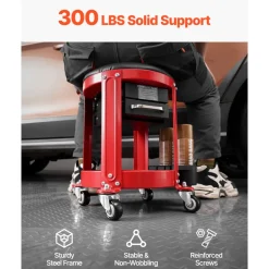 VEVOR Rolling Mechanic Stool with Wheels, 300 lbs Capacity Garage Seat/Work Stool, Padded Roller Creeper Seat with Fixed Height, Tool Tray and 2 Drawers, for Garage, Shop & Auto Repair, Red+Black