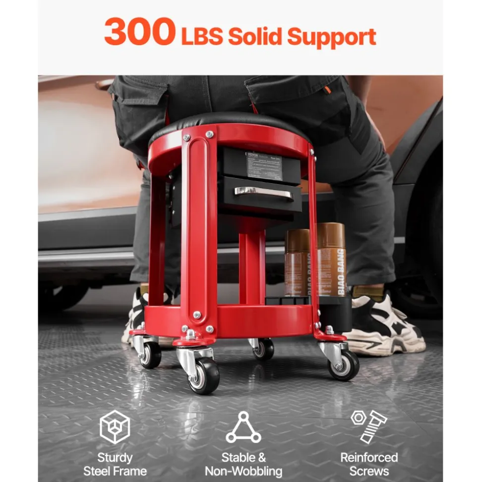 VEVOR Rolling Mechanic Stool with Wheels, 300 lbs Capacity Garage Seat/Work Stool, Padded Roller Creeper Seat with Fixed Height, Tool Tray and 2 Drawers, for Garage, Shop & Auto Repair, Red+Black