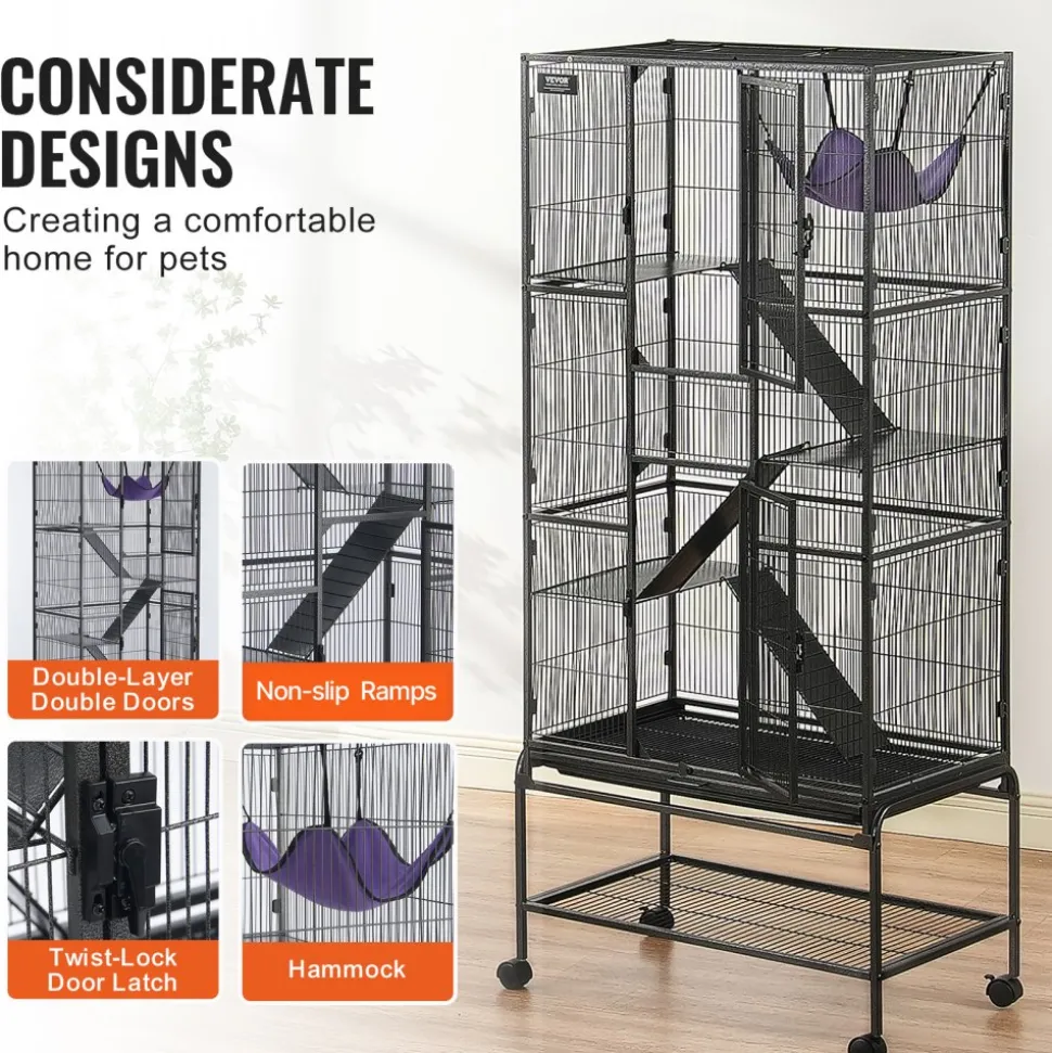 VEVOR 69" Rolling Metal Ferret Cage, Large 4-Tier Cage, Small Animal Cage with Ramps & Tray, Easy to Set up for Pet Rats, Hamster, Guinea Pig, Chinchilla, Squirrel, Hedgehogs, Bunny
